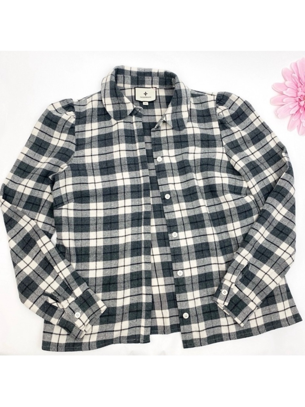 Tuckernuck Saranac Puff Sleeve Cropped Plaid Flannel Cream Black Cotton